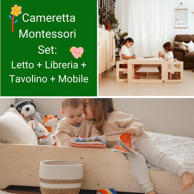 Cameretta Montessori Set: Lettino + Libreria + Tavolino + Mobile Montessori